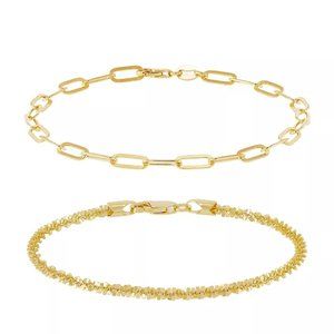 Gilded Silver 18k Gold Over Silver Paper Clip & Crisscross Chain Bracelet Set